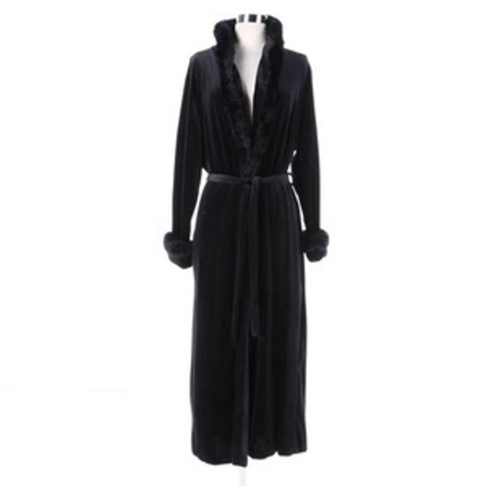 Jasmine Rose Signature Intimates Velvet Robe L Black Fur Trim Belted Vintage